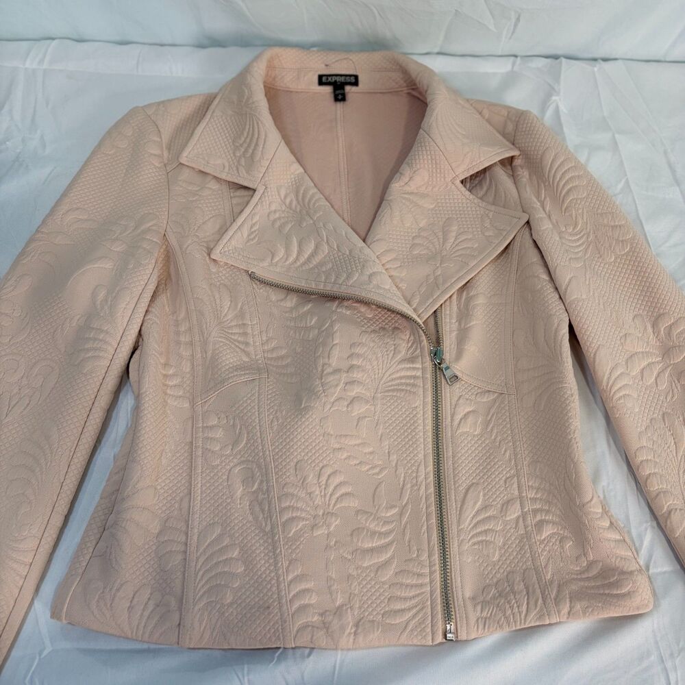 Express Pastel Blush Pink Floral Matelassé Jacquard Moto Jacket Size S
